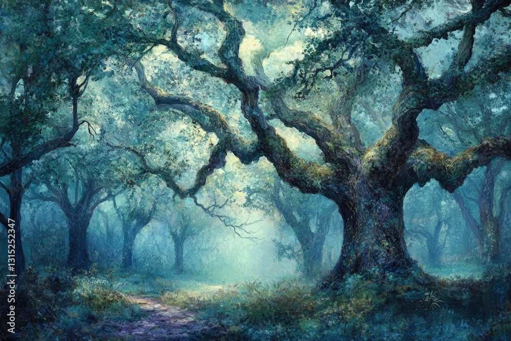 Poster a mystical path winds through an enchanting forest of ancient, moss-draped oaks bathed in ethereal l