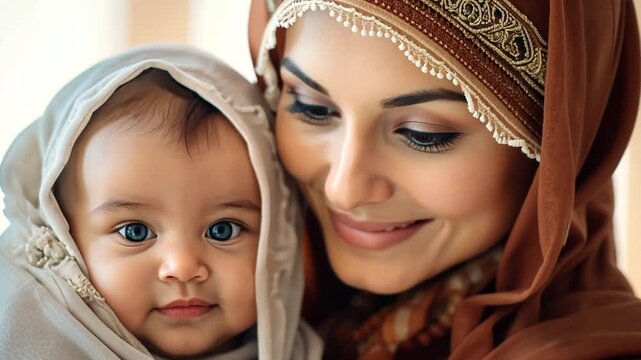 Mutter mit Kind l&auml;chelt gl&uuml;cklich in die Kamera