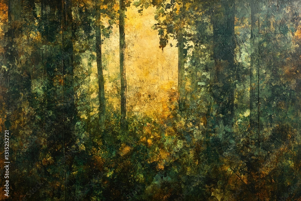 Poster A sunlit path through a deep forest, golden light filtering through the leaves and trees.