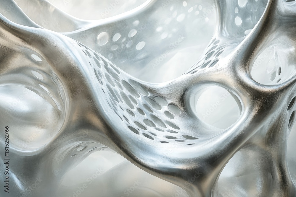 Poster abstract silver sculpture with organic, flowing form and perforated detailing, evoking a sense of fl