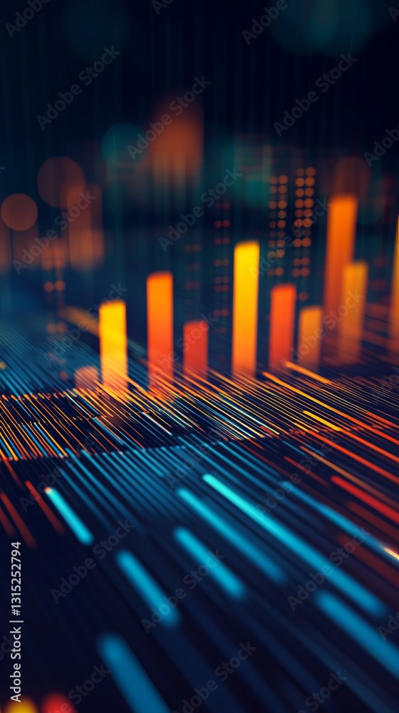 Poster this image showcases an abstract digital visualization featuring colorful bars and flowing lines. pe