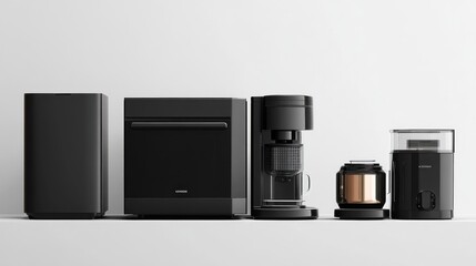 Modern, sleek black kitchen appliances for coffee and food preparation