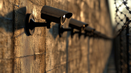 Modern surveillance cameras on concrete wall with barbed wire