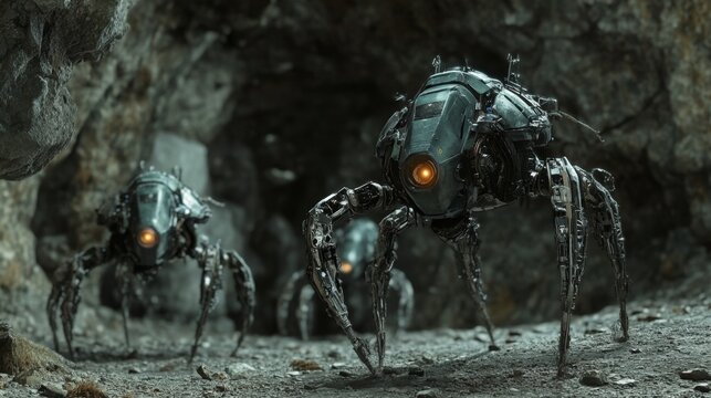 Futuristic Metal Robots in a Dark Cave