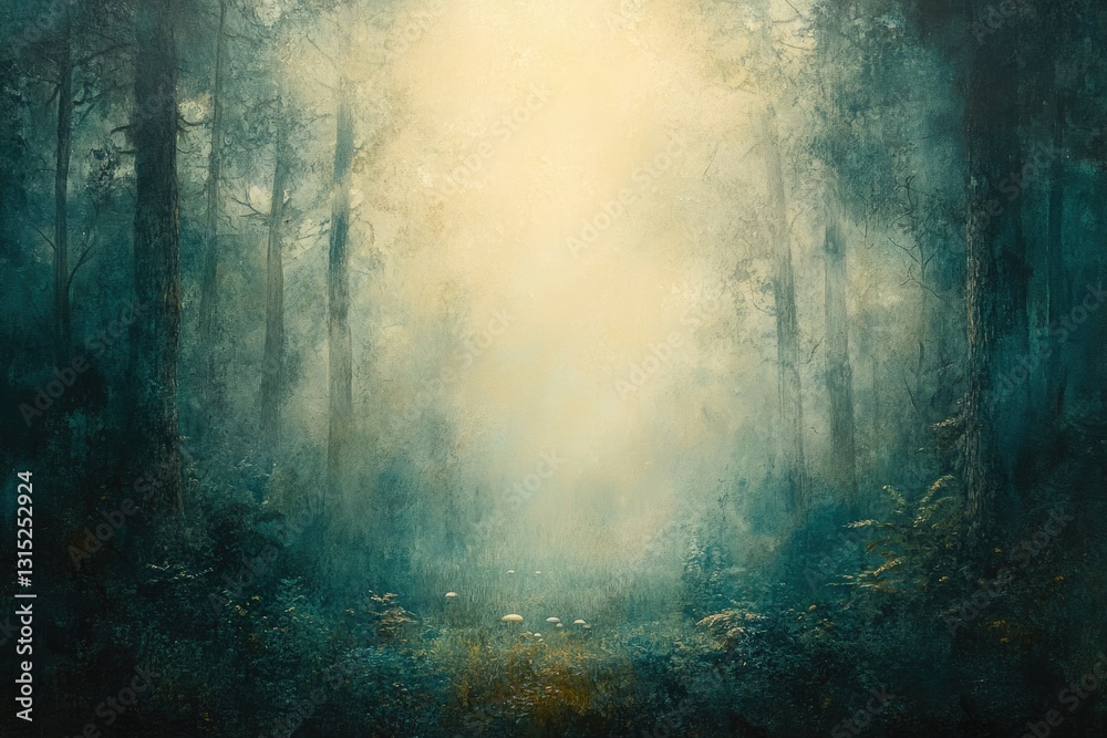 Poster enigmatic forest path veiled in ethereal mist, sunlight filtering through dense trees, creating a ma