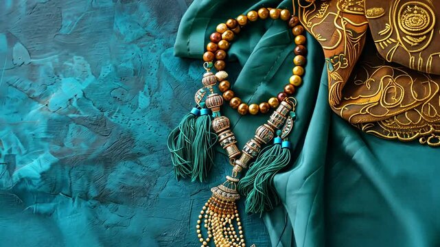 Orientalischer Schmuck auf blauer Seide mit kunstvollen Details