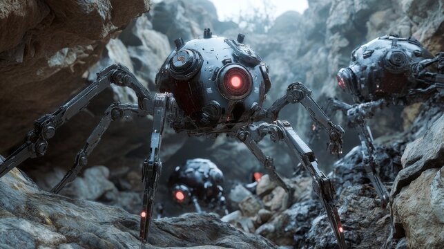 Futuristic Spider Robots in a Rocky Terrain