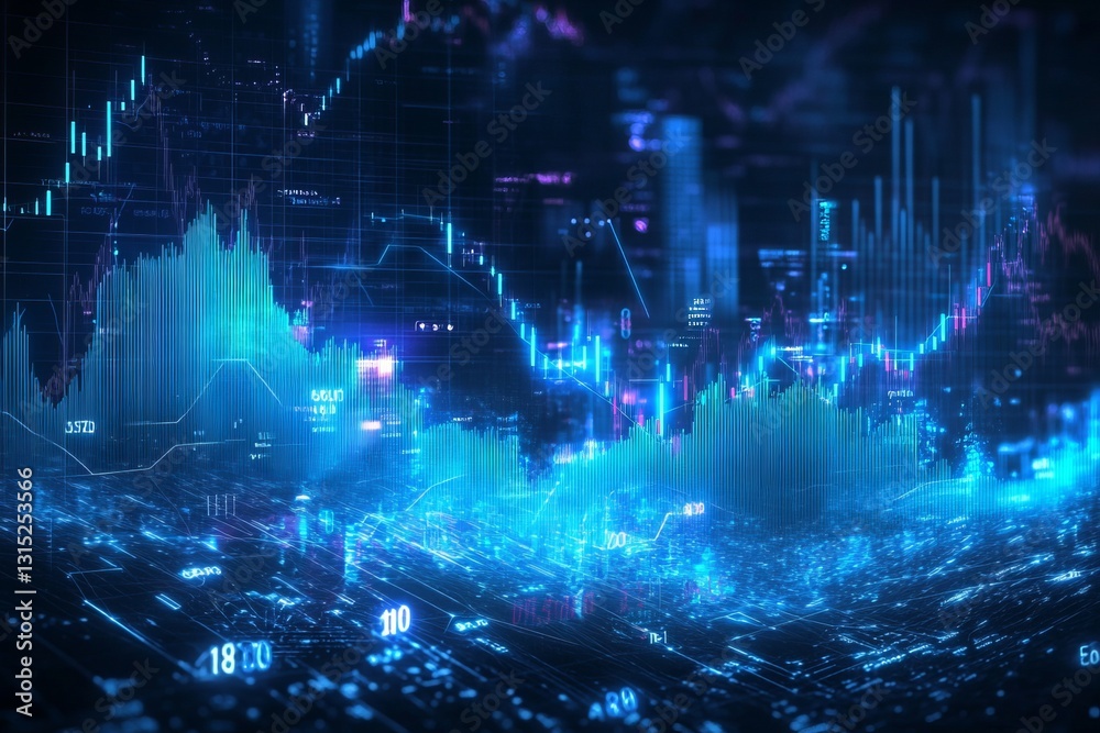 Poster explore an abstract visualization of financial data, showcasing dynamic stock charts and graphs in v