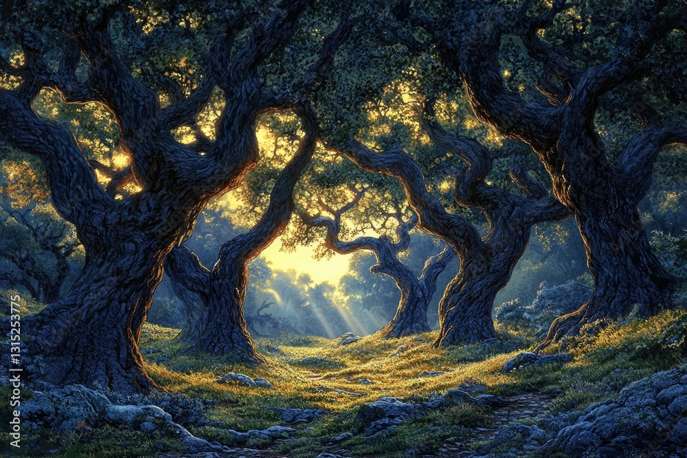 Poster Sunlit path through ancient, gnarled oak trees in a mystical forest.
