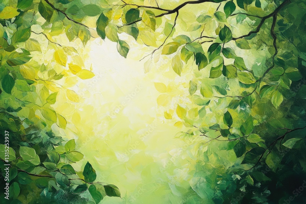 Poster sunlight filters through lush green leaves, creating a vibrant and serene forest scene.