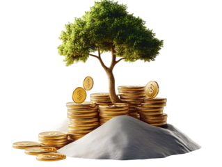 Transparent PNG 3D Financial Growth Money Investment and Wealth Profit Concept with Gold Coins Isolated on White Background.