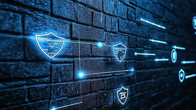 A solid brick wall lit with bright digital paths, forming an intricate web of glowing nodes and shields, symbolizing the backbone of IT firewall security.