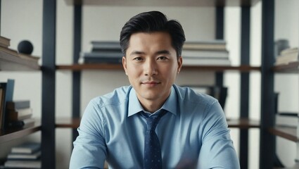 Confident Singaporean Businessman in Corporate Setting - Portrait of a smiling and successful executive in front of a bookshelf and city view