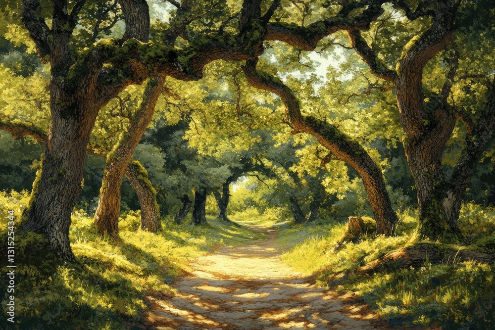 Fototapete sunlit path through a verdant forest, ancient trees arching overhead, creating a magical scene.