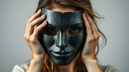 Woman removing a cracked mask from her face, symbolizing the concept of revealing one's true self or hidden emotions