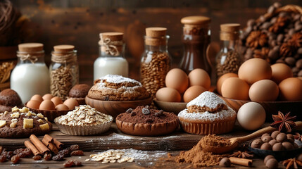 Assorted baking ingredients arranged on a rustic wooden table, including milk, eggs, flour, oats, chocolate chips, and various spices.