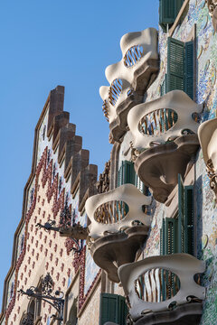 Upper exterior facades of Casa Amatller and Casa Batll&oacute;, Barcelona, Spain