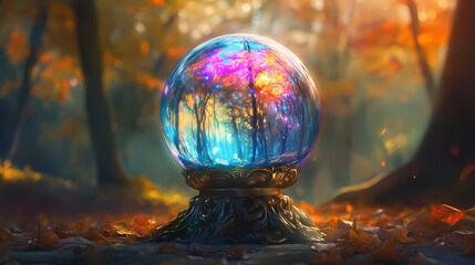 A mystical crystal ball with a multicolored glow resting on an ornate bronze stand, perfect for fantasy or magical themes. Mystical - Forest. Illustration