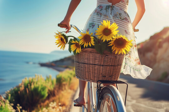 A woman in a floral dress rides a vintage bicycle along a coastal road with a basket full of sunflowers, evoking summertime joy and a carefree spirit.