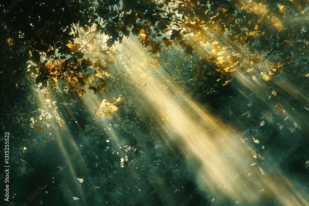 Poster sunbeams filtering through autumn leaves in a forest, creating a magical, ethereal atmosphere.