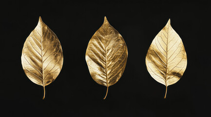 Obraz premium Three gold leaves on black background.