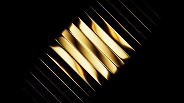 Looping 3D animation. Abstract minimalist aesthetic background. Fluted glass texture. Gradient in shades of gold reflects and slides inside black diagonal stripes