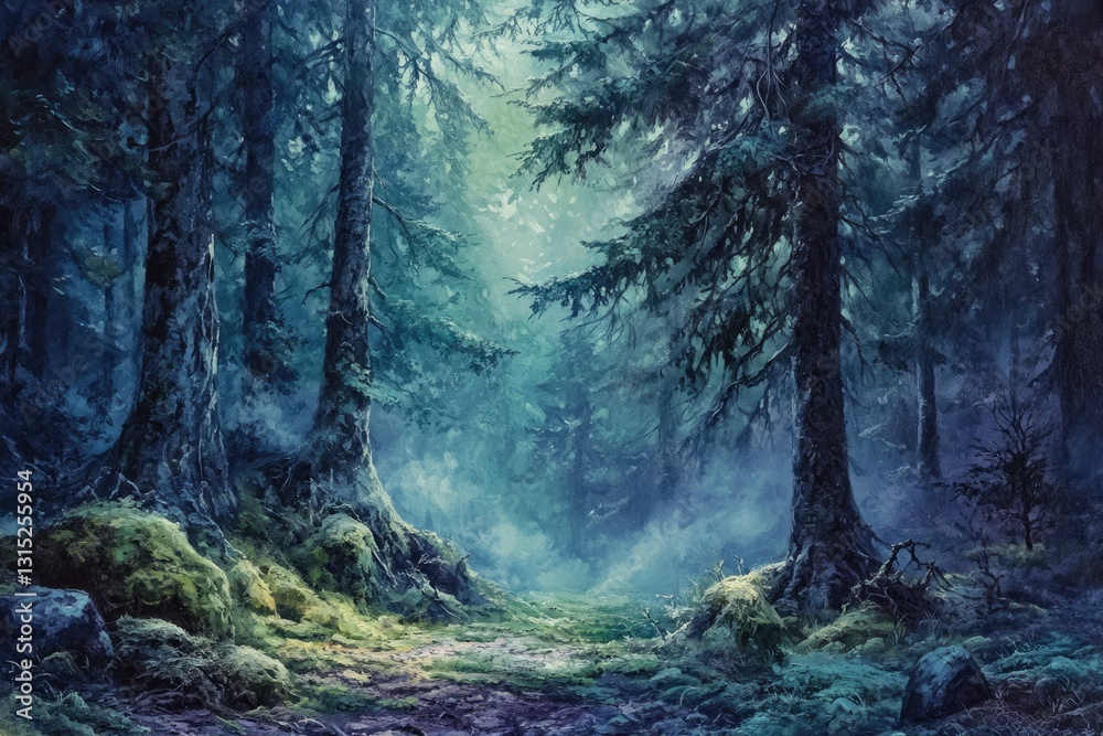 Poster a mystical forest path winds through tall, moss-covered trees shrouded in ethereal mist.