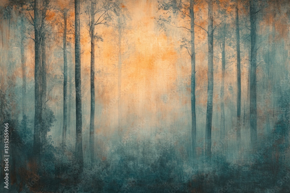 Poster enigmatic misty forest scene with tall trees, soft light, and a serene atmosphere.