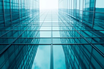 Obraz premium Contemporary Glass Skyscraper Facade Reflecting Blue Sky and Urban Landscape from Below