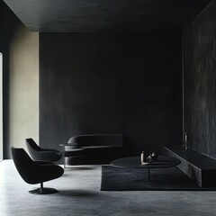 Minimalist living room shows a dark modern interior with furniture