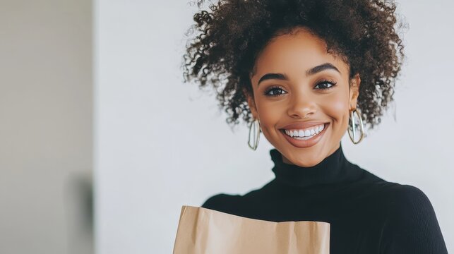 A smiling woman holding a grocery bag, walking into her kitchen with a joyful expression, on a white isolated background