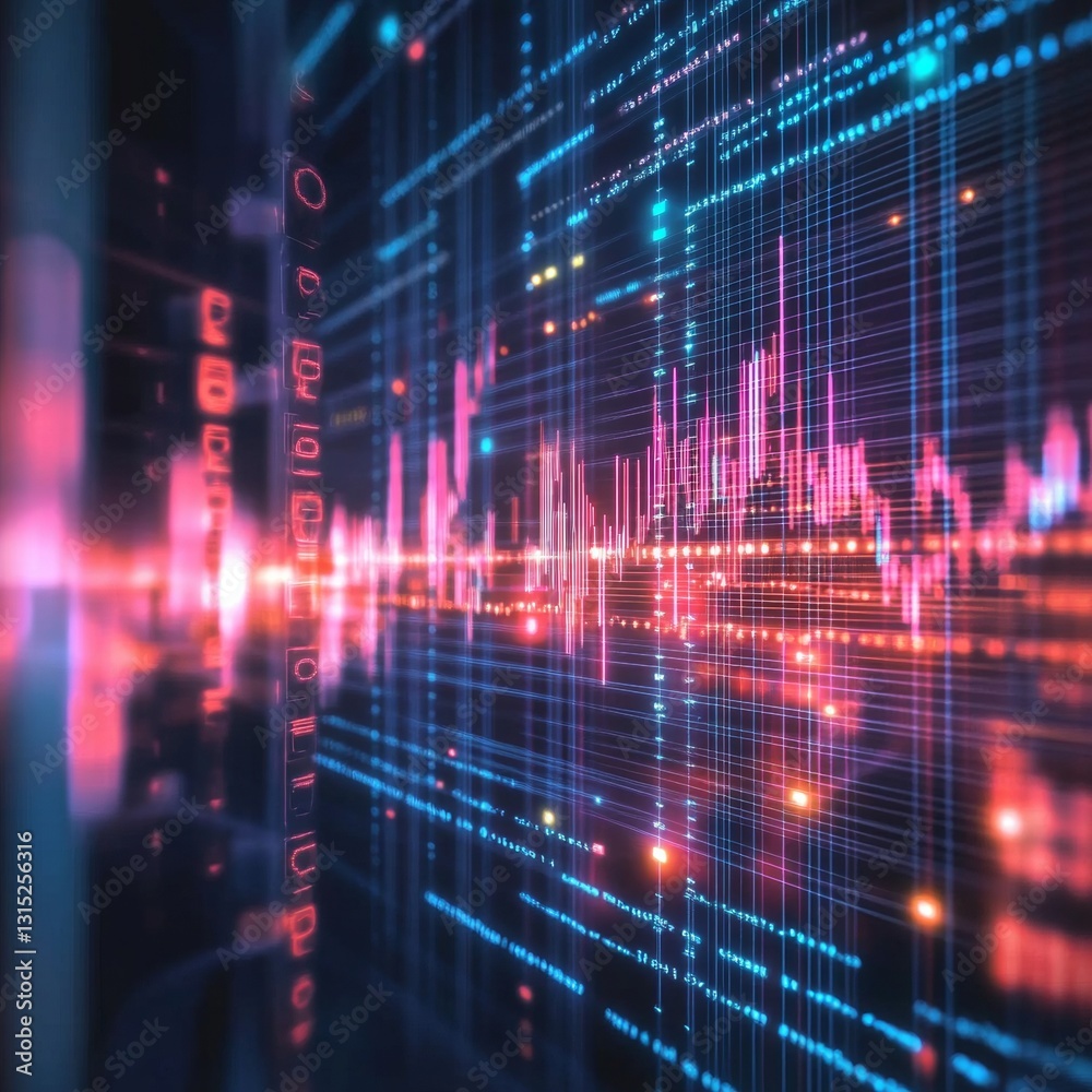 Poster abstract digital data visualization with vibrant waves and colorful light patterns