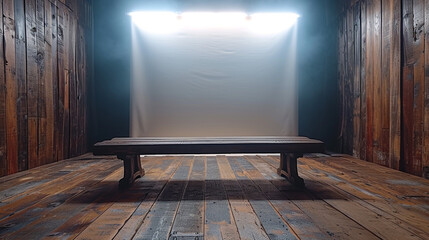 Fototapeta premium Rustic wooden bench in a dimly lit room with a blank backdrop.