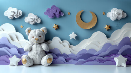 Cute teddy bear sitting in a child's room with clouds, stars, and moon.