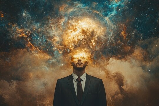 A man in a suit, cosmic nebula erupting from his head, symbolizing vast imagination and limitless potential.