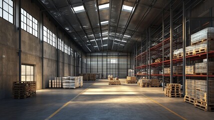 Warehouse interior, sunlight, pallets, storage, logistics