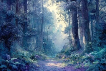 A mystical path winds through a serene, blue-hued forest bathed in soft, ethereal light.
