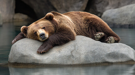 Sleepy brown bear resting on a rock in water