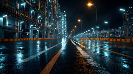 Fototapeta premium Night road beside illuminated refinery, rain reflecting light, industrial background, for futuristic or industrial design