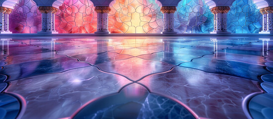 A Colorful, Intricate Palace Hallway with Sparkling, Multi-Colored Reflections.