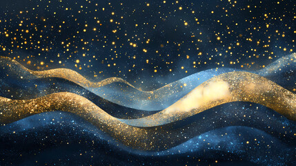 Abstract blue and gold glitter wave background. Mystical - Forest. Illustration