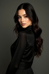 Naklejka premium Portrait of a Stylish Woman in Black Dress with Wavy Dark Hair