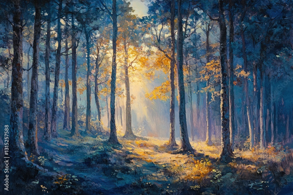 Aufkleber sunlit path through a serene forest, tall trees casting shadows, tranquil atmosphere.