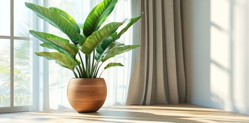 A simple interior scene with a potted plant next to a large window, creating gentle shadows on a light-colored wall and wooden floor