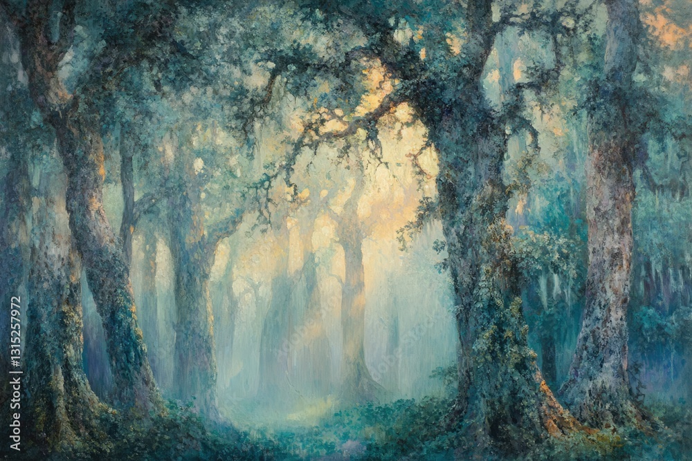 Poster Sunlit path through a mystical, fog-laden forest of ancient trees.