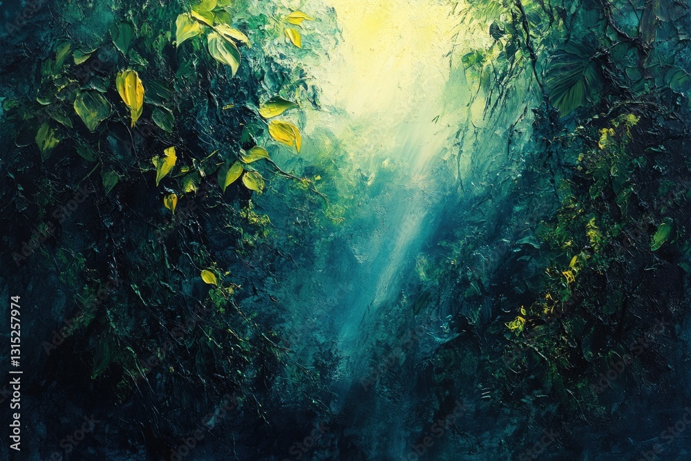 Poster luminous rays pierce a dense, verdant jungle, creating a mystical, ethereal atmosphere.