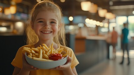 Adorable Little Girl Joyfully Holding a Bowl of French Fries with Ketchup