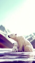 Polar Bear with Cub in Nature, Snow, Abstract Image, Texture, Pattern Background, Wallpaper, Cover and Screen for Smartphone, PC, Laptop, 9:16 and 16:9 Format