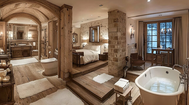 Luxurious rustic bedroom suite with ensuite bathroom and mountain view; ideal for travel, hotel, or real estate advertising