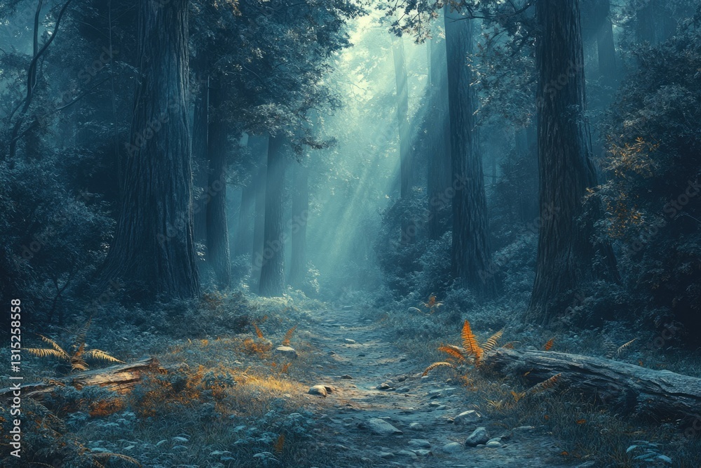 Poster mystical forest path bathed in sunbeams, tall trees create an enchanting atmosphere.